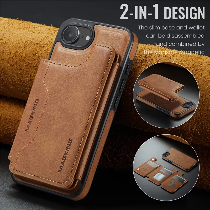 MAGKING K3 Series For iPhone 17e / 16e Case Compatible with MagSafe Wallet PC + TPU + PU Phone Cover - Brown