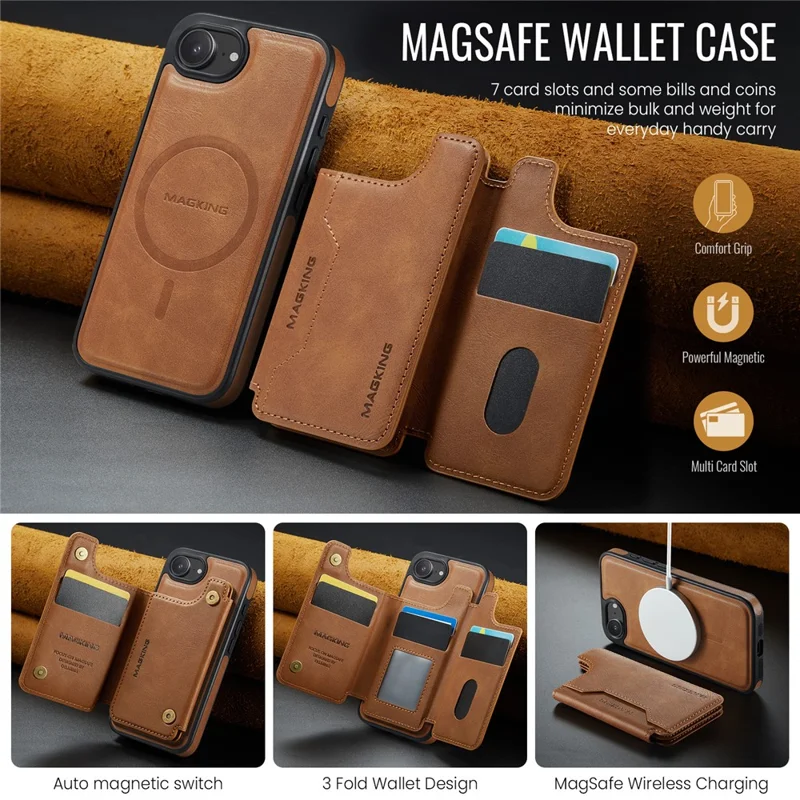 MAGKING K3 Series For iPhone 17e / 16e Case Compatible with MagSafe Wallet PC + TPU + PU Phone Cover - Brown