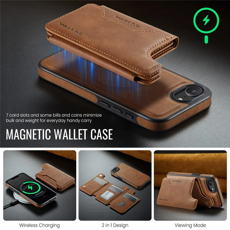 MAGKING K3 Series For iPhone 17e / 16e Case Compatible with MagSafe Wallet PC + TPU + PU Phone Cover - Brown