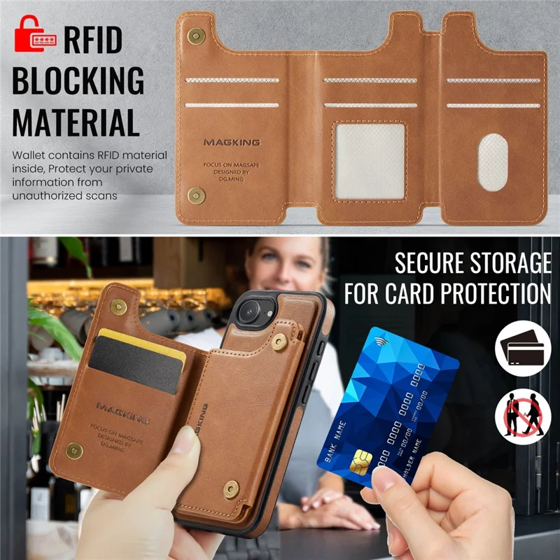 MAGKING K3 Series For iPhone 17e / 16e Case Compatible with MagSafe Wallet PC + TPU + PU Phone Cover - Brown