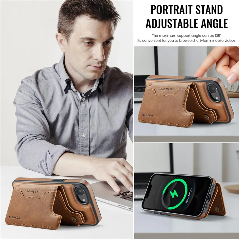MAGKING K3 Series For iPhone 17e / 16e Case Compatible with MagSafe Wallet PC + TPU + PU Phone Cover - Brown