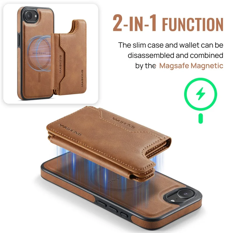 MAGKING K3 Series For iPhone 17e / 16e Case Compatible with MagSafe Wallet PC + TPU + PU Phone Cover - Brown