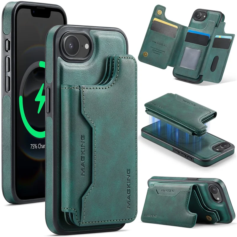 MAGKING K3 Series For iPhone 17e / 16e Case Compatible with MagSafe Wallet PC + TPU + PU Phone Cover - Green