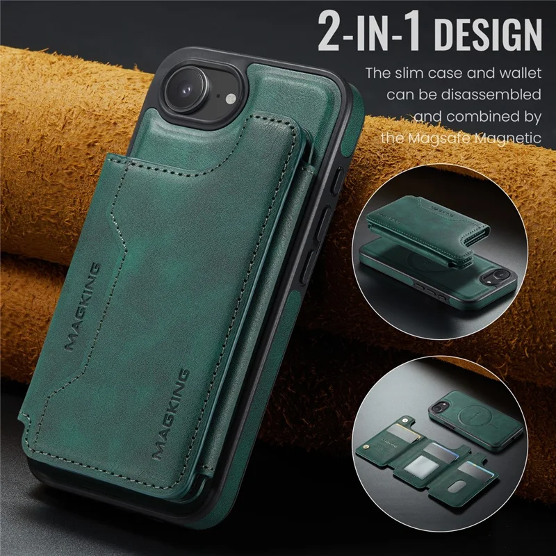 MAGKING K3 Series For iPhone 17e / 16e Case Compatible with MagSafe Wallet PC + TPU + PU Phone Cover - Green