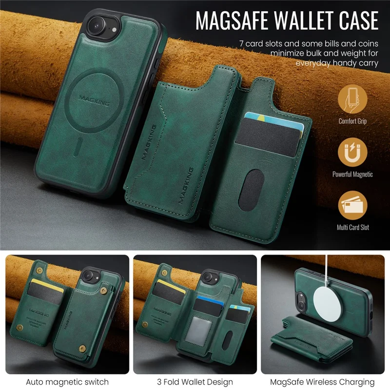 MAGKING K3 Series For iPhone 17e / 16e Case Compatible with MagSafe Wallet PC + TPU + PU Phone Cover - Green