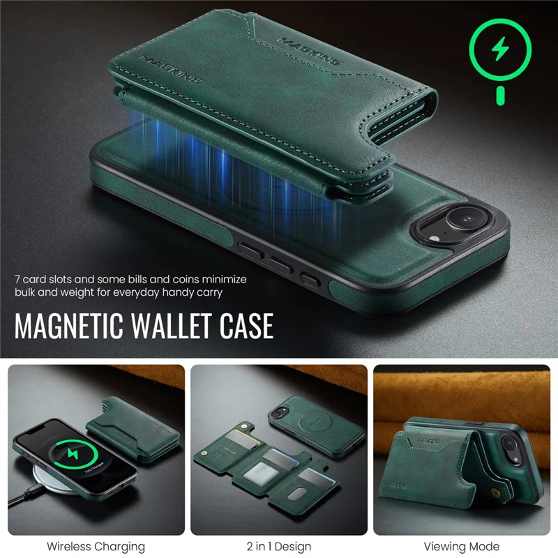 MAGKING K3 Series For iPhone 17e / 16e Case Compatible with MagSafe Wallet PC + TPU + PU Phone Cover - Green