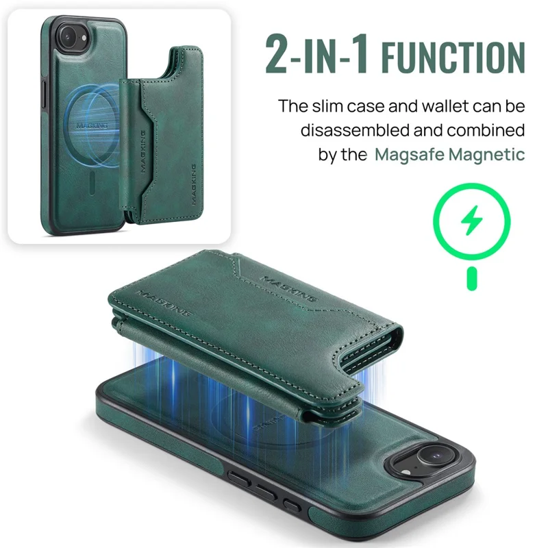 MAGKING K3 Series For iPhone 17e / 16e Case Compatible with MagSafe Wallet PC + TPU + PU Phone Cover - Green