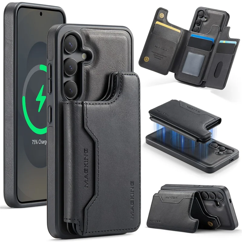 MAGKING K3 Serie Hülle für Samsung Galaxy S25 Kompatibel mit MagSafe Wallet PC + TPU + PU Handyhülle - Schwarz