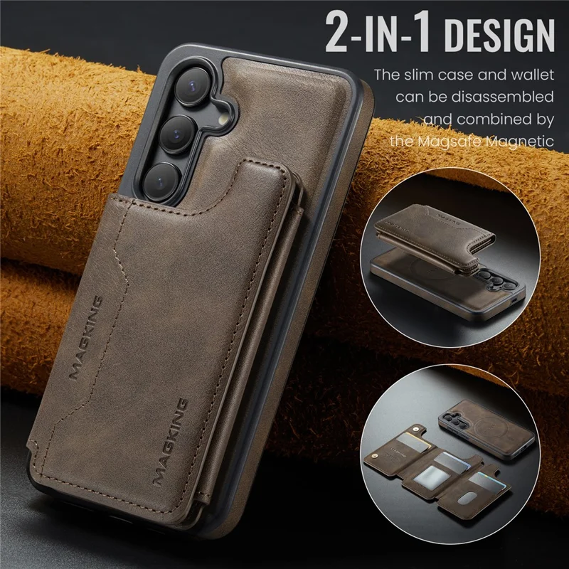 MAGKING K3 Series Étui pour Samsung Galaxy S25 Compatible avec Portefeuille MagSafe PC + TPU + PU - Café
