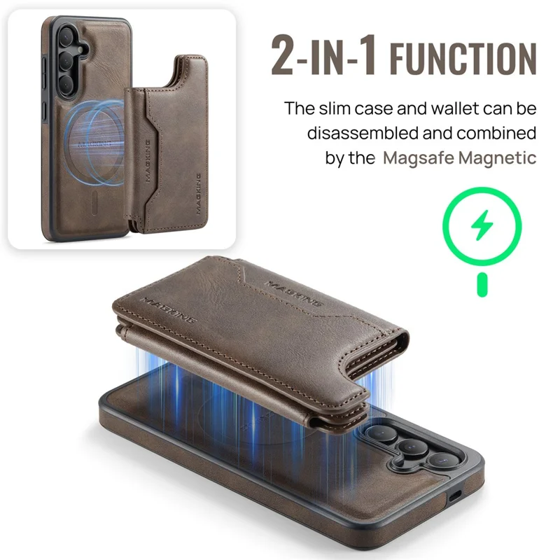 MAGKING K3 Series Étui pour Samsung Galaxy S25 Compatible avec Portefeuille MagSafe PC + TPU + PU - Café