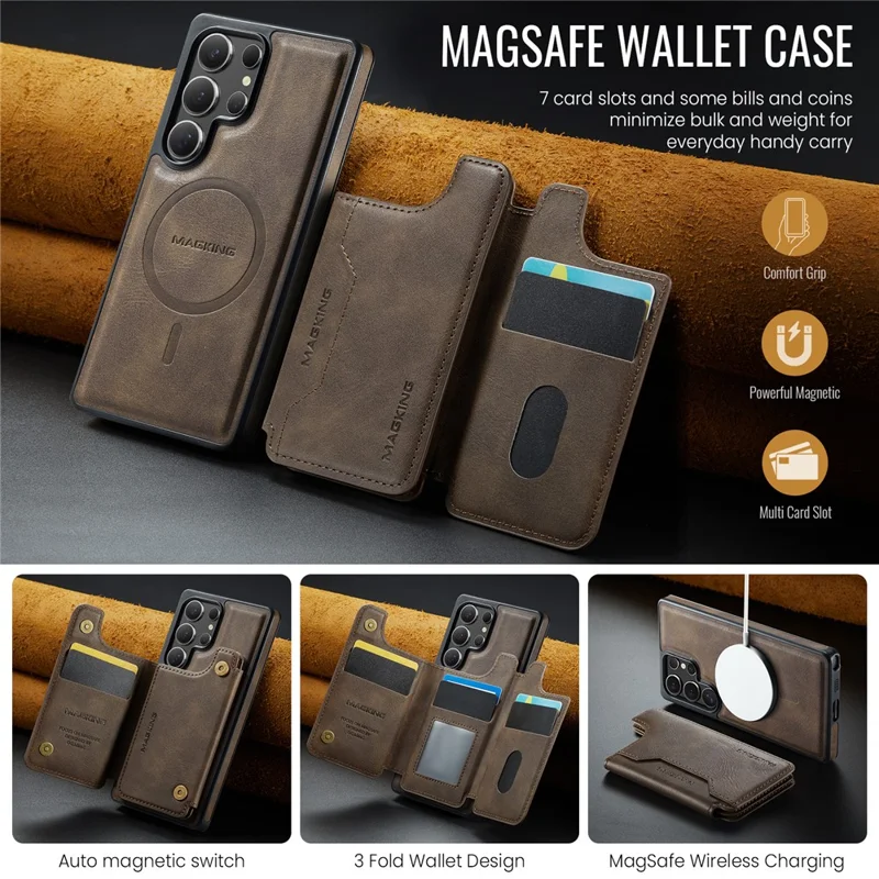 MAGKING K3 Series per Cover per Telefono Samsung Galaxy S25 Ultra Compatibile con Portafoglio MagSafe in PC + TPU + PU - Caffè