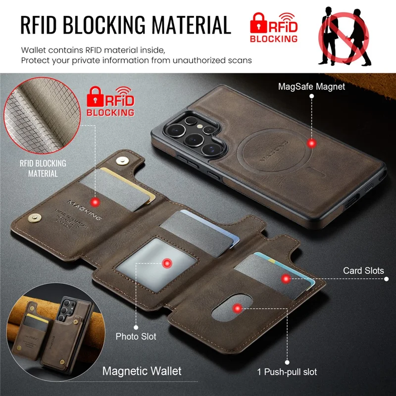 MAGKING K3 Series per Cover per Telefono Samsung Galaxy S25 Ultra Compatibile con Portafoglio MagSafe in PC + TPU + PU - Caffè