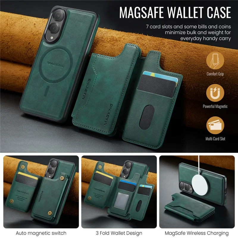 Série MAGKING K3 para Capa de Galaxy S25 Edge da Samsung Compatível com Carteira MagSafe PC + TPU + PU Capa de Telefone - Verde