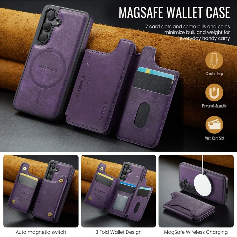 MAGKING K3 Serie per Cover Telefono Samsung Galaxy S24 Compatibile con Portafoglio MagSafe in PC + TPU + PU - Viola