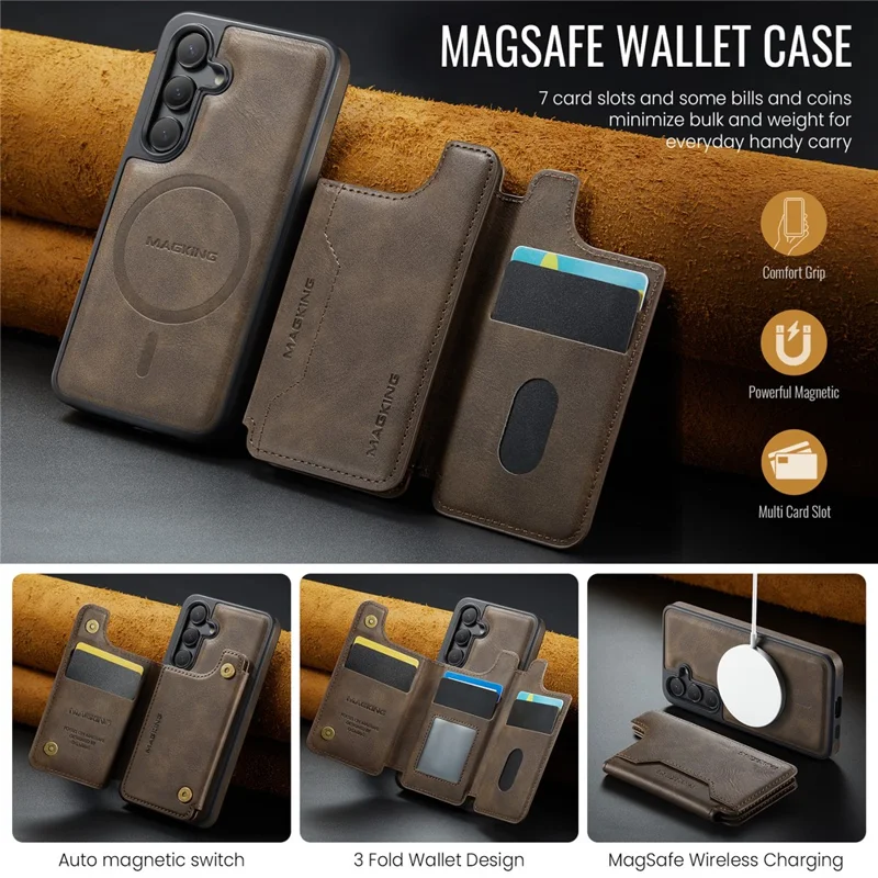 MAGKING K3 Serie per Cover Telefono PC + TPU + PU Compatibile con Portafoglio MagSafe per Samsung Galaxy S24 - Caffè