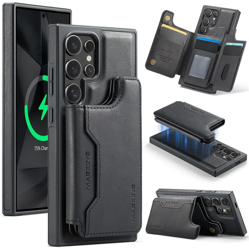 MAGKING K3 Series Чехол для Samsung Galaxy S24 Ultra, совместимый с MagSafe Wallet, из поликарбоната + термопластичного полиуретана + искусственной кожи - Черный