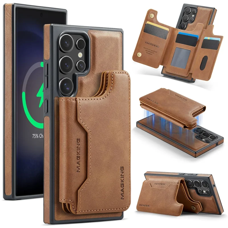 MAGKING K3 Series Чехол для Samsung Galaxy S23 Ultra, совместимый с MagSafe Wallet, из поликарбоната + TPU + искусственной кожи - Коричневый