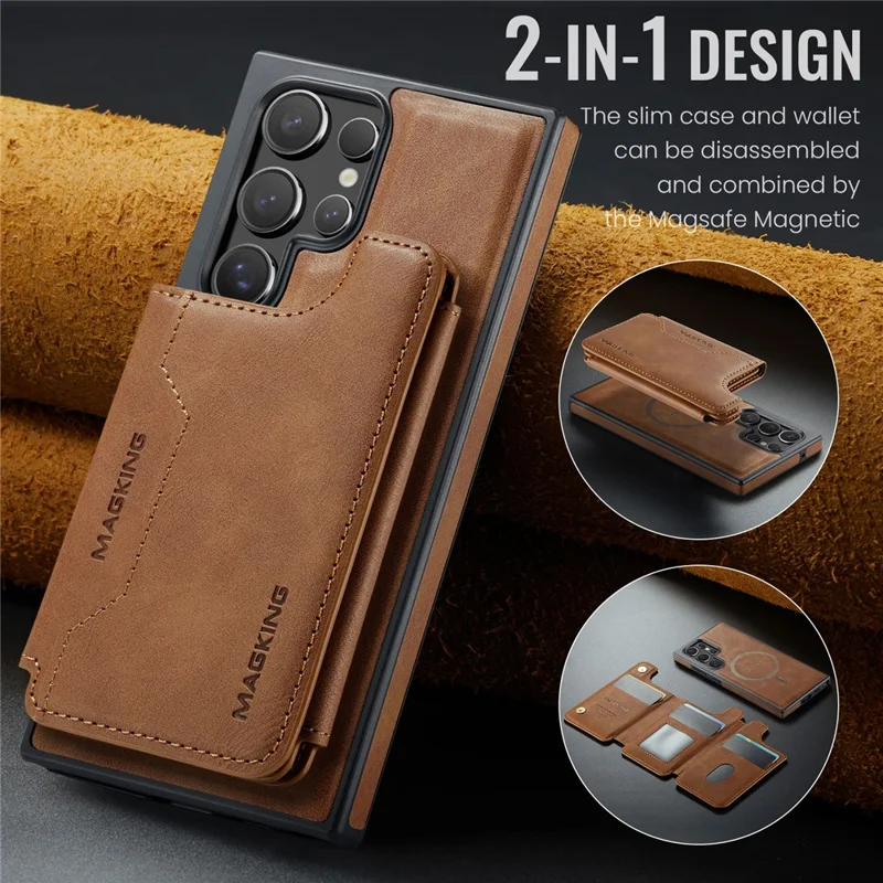 MAGKING K3 Series Чехол для Samsung Galaxy S23 Ultra, совместимый с MagSafe Wallet, из поликарбоната + TPU + искусственной кожи - Коричневый