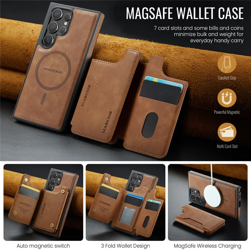 MAGKING K3 Series Чехол для Samsung Galaxy S23 Ultra, совместимый с MagSafe Wallet, из поликарбоната + TPU + искусственной кожи - Коричневый