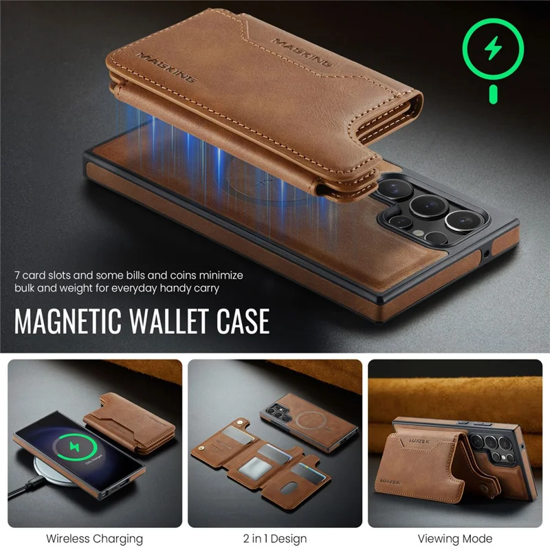 MAGKING K3 Series Чехол для Samsung Galaxy S23 Ultra, совместимый с MagSafe Wallet, из поликарбоната + TPU + искусственной кожи - Коричневый