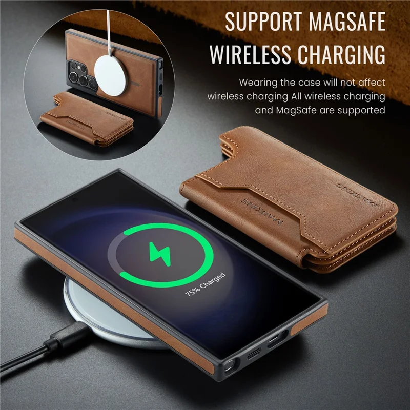MAGKING K3 Series Чехол для Samsung Galaxy S23 Ultra, совместимый с MagSafe Wallet, из поликарбоната + TPU + искусственной кожи - Коричневый