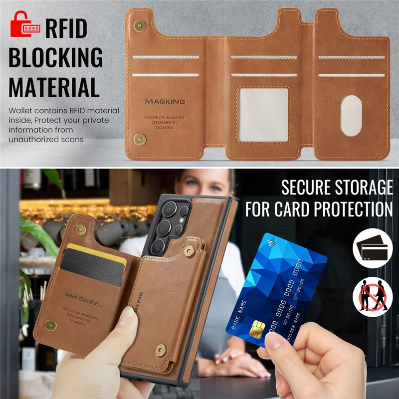 MAGKING K3 Series Чехол для Samsung Galaxy S23 Ultra, совместимый с MagSafe Wallet, из поликарбоната + TPU + искусственной кожи - Коричневый