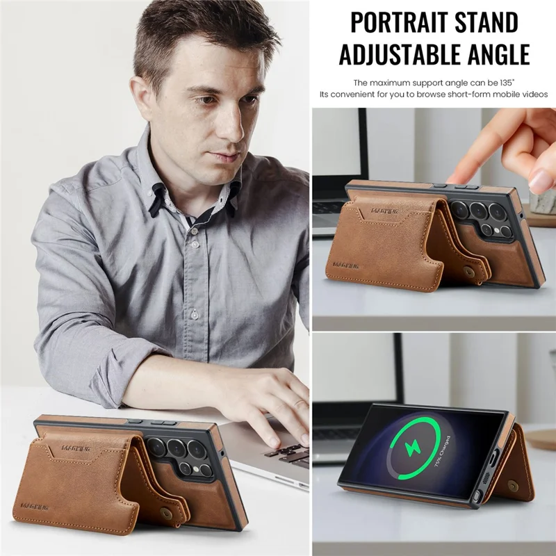 MAGKING K3 Series Чехол для Samsung Galaxy S23 Ultra, совместимый с MagSafe Wallet, из поликарбоната + TPU + искусственной кожи - Коричневый