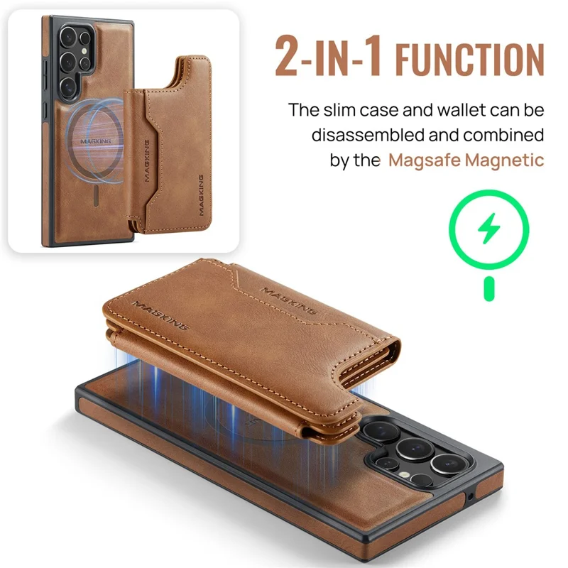 MAGKING K3 Series Чехол для Samsung Galaxy S23 Ultra, совместимый с MagSafe Wallet, из поликарбоната + TPU + искусственной кожи - Коричневый