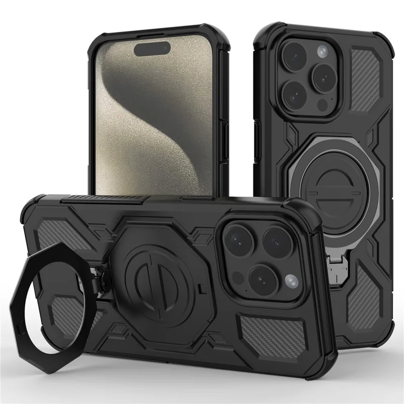 Funda Magnética para iPhone 15 Pro con Soporte Metálico Giratorio Antichoque PC + TPU - Negro