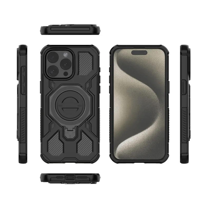 Funda Magnética para iPhone 15 Pro con Soporte Metálico Giratorio Antichoque PC + TPU - Negro