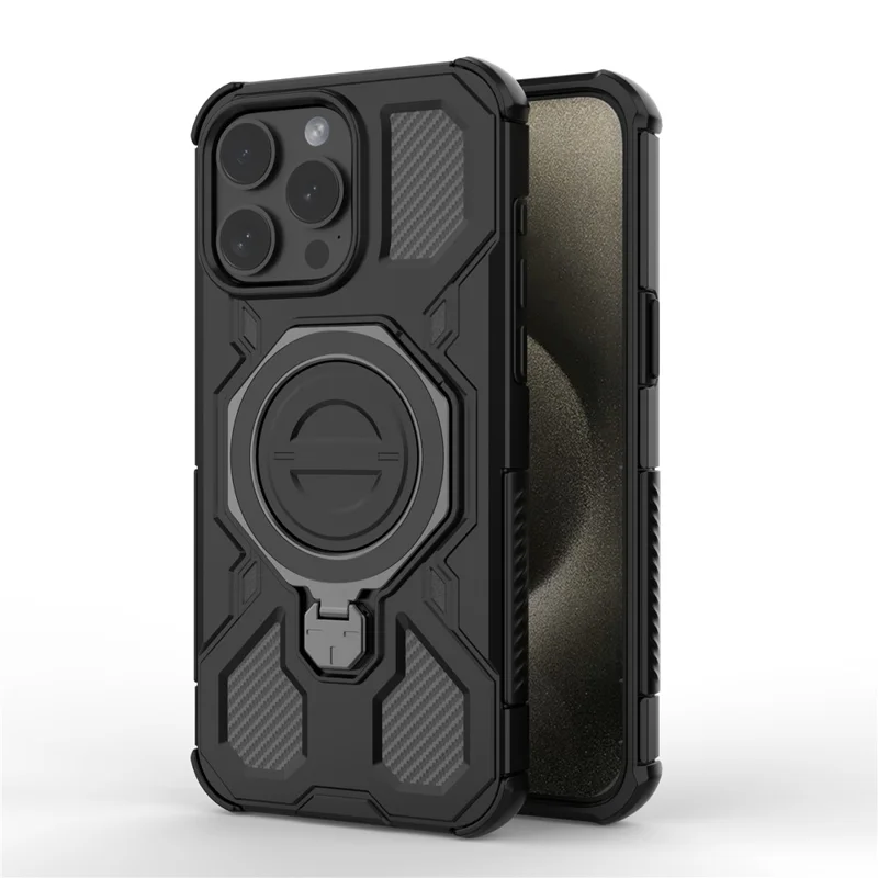 Funda Magnética para iPhone 15 Pro con Soporte Metálico Giratorio Antichoque PC + TPU - Negro