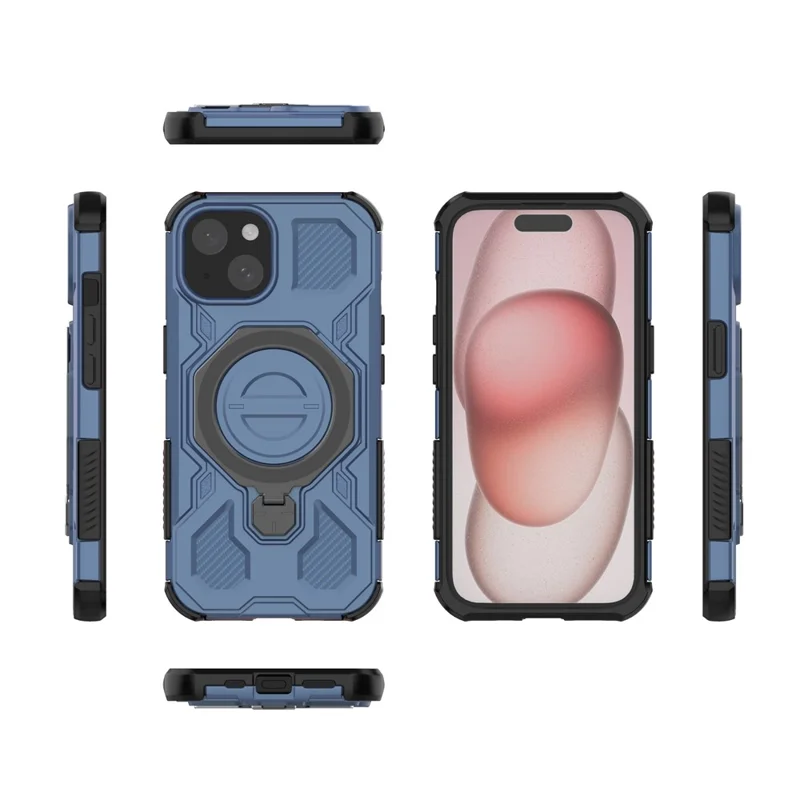 Чехол для iPhone 15 с магнитной функцией, вращающейся металлической подставкой и противоударной защитой из ПК + TPU - Темно-синий