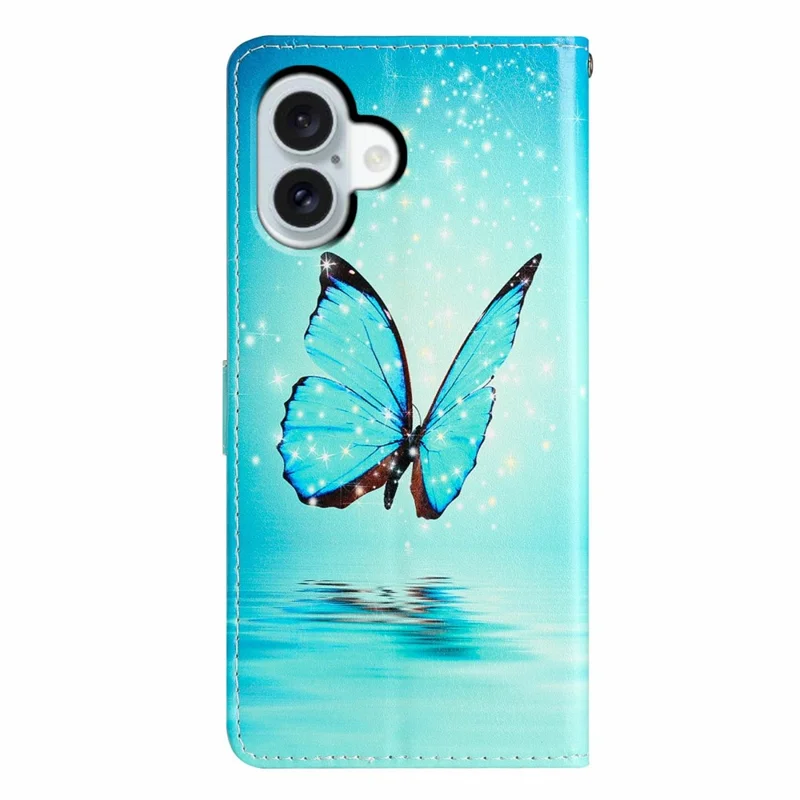 Чехол-кошелек для iPhone 17 из искусственной кожи с рисунком, подставкой и ремешком - Синяя бабочка