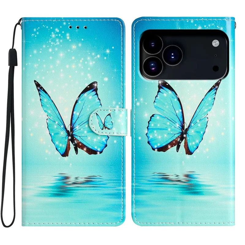 Für iPhone 17 Pro Brieftasche Hülle PU-Leder Muster Drucken Ständer Telefonabdeckung mit Riemen - Blauer Schmetterling