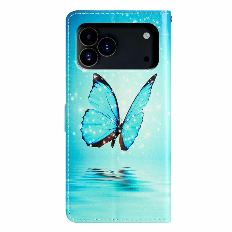 Für iPhone 17 Pro Brieftasche Hülle PU-Leder Muster Drucken Ständer Telefonabdeckung mit Riemen - Blauer Schmetterling