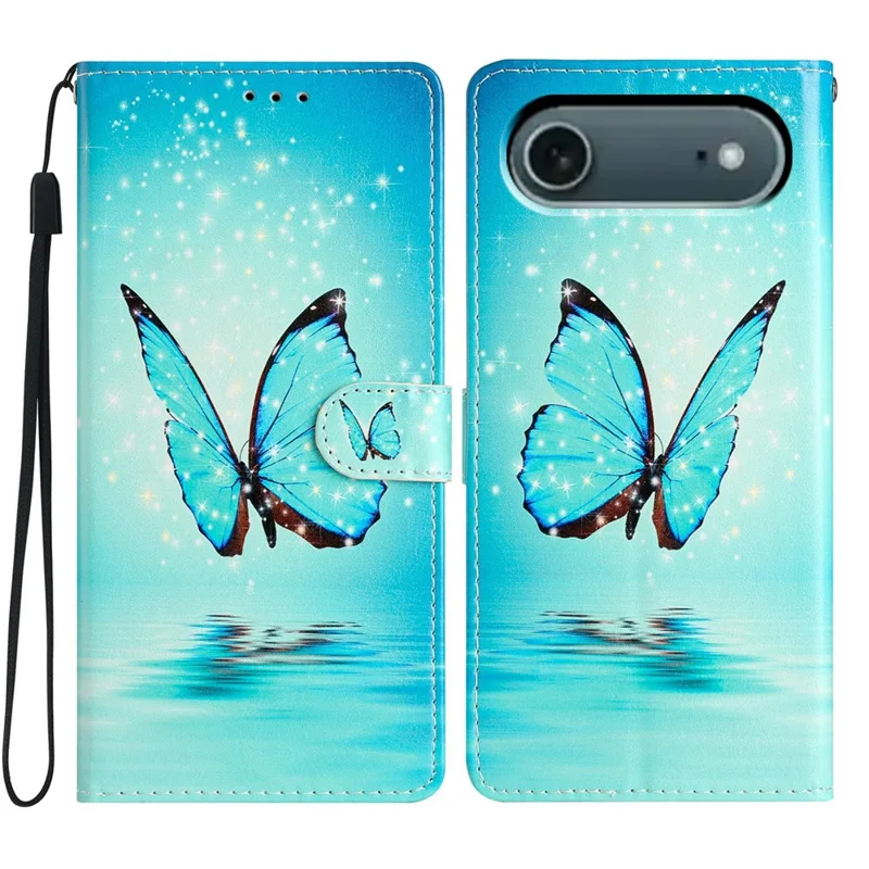 For iPhone 17 Air Wallet Case PU Leather Pattern Printing Stand Phone Cover with Strap - Blue Butterfly