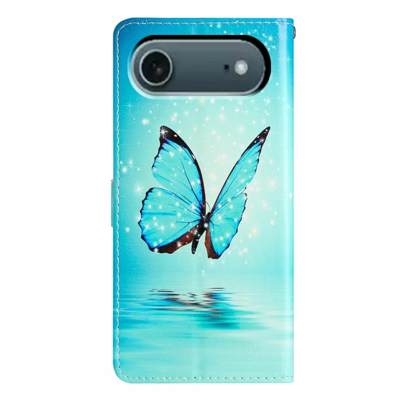 For iPhone 17 Air Wallet Case PU Leather Pattern Printing Stand Phone Cover with Strap - Blue Butterfly