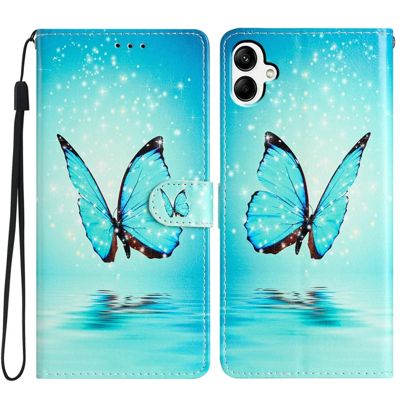 Cover a portafoglio per Samsung Galaxy A07 in pelle PU con stampa a motivi, supporto e cinturino - Farfalla blu