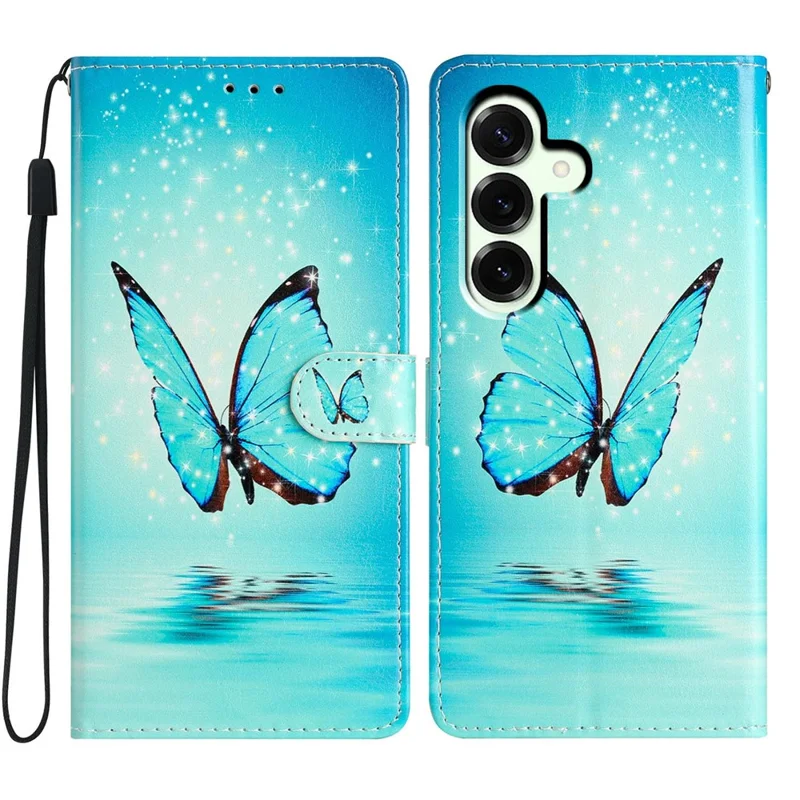 For Samsung Galaxy A17 Wallet Case PU Leather Pattern Printing Stand Phone Cover with Strap - Blue Butterfly