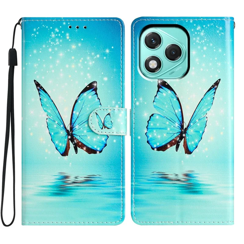 جراب محفظة لهونر 400 لايت 5G من جلد البولي يوريثان الصناعي مع طباعة زخرفة وحامل وحزام - فراشة زرقاء