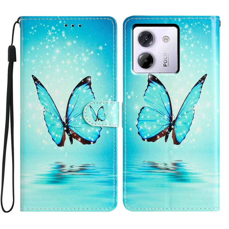 Funda tipo cartera para Xiaomi Poco M7 Pro 5G de cuero sintético con estampado, soporte y correa - Mariposa azul