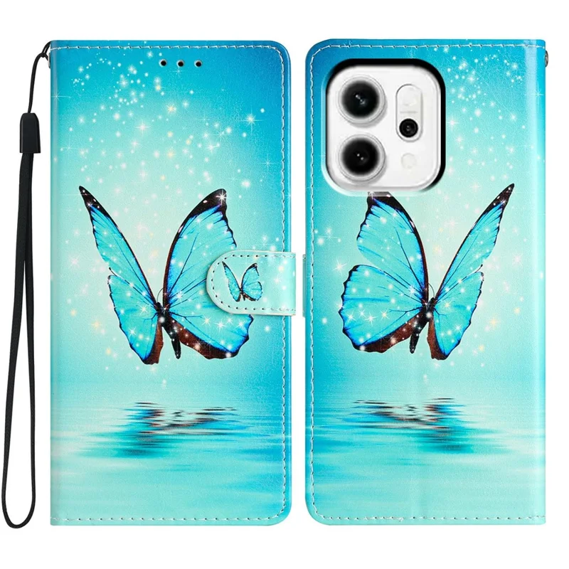 Für Oppo Reno14 5G (Global) Brieftasche Handyhülle aus Kunstleder mit Musterprägung, Ständer und Trageriemen - Blauer Schmetterling