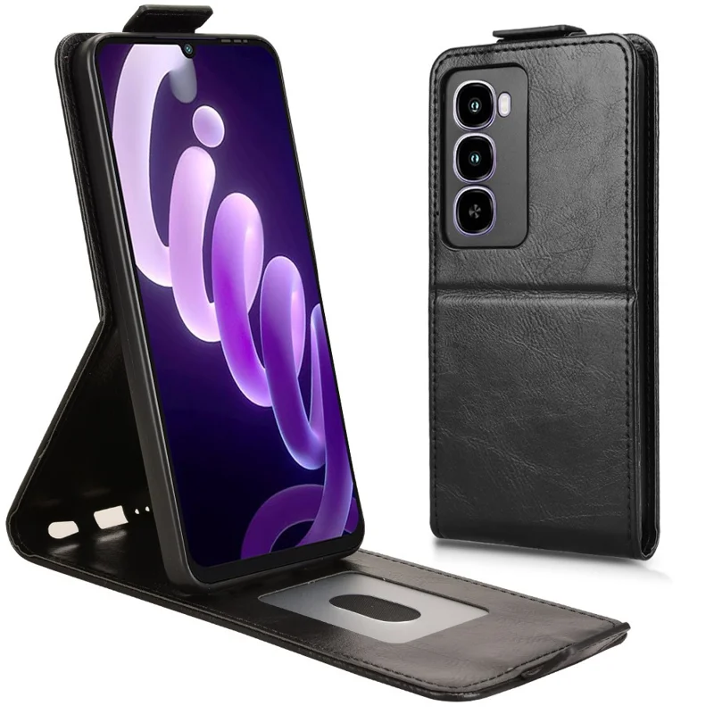 For itel City 100 4G Stand Case Magnetic Clasp Vertical Flip Leather Phone Cover with Card Holder - Black