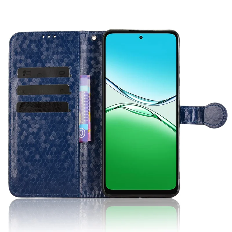 Funda tipo cartera para Oppo A5 5G CPH2735 / A5 4G CPH2727 con patrón de puntos, cuero sintético y correa de muñeca - Azul oscuro