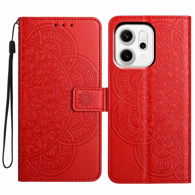 Für Oppo Reno14 5G (Global) Lederhülle mit Kartenfächern Mandala-Muster Handyhülle mit Ständer - Rot