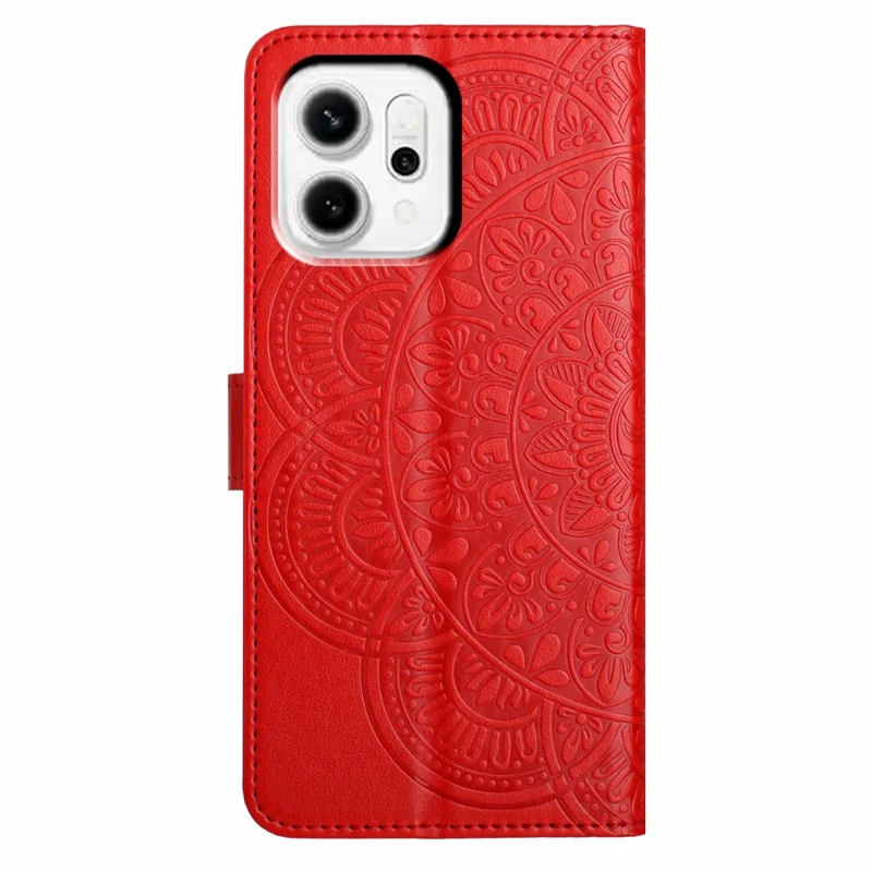 Für Oppo Reno14 5G (Global) Lederhülle mit Kartenfächern Mandala-Muster Handyhülle mit Ständer - Rot