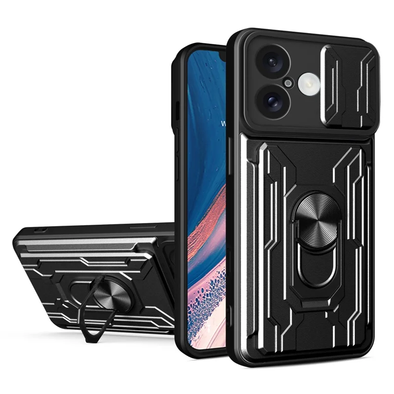 Bulk Purchasing For iPhone 16 Case PC + TPU Kickstand Phone Back Cover with Camera Slider - Black