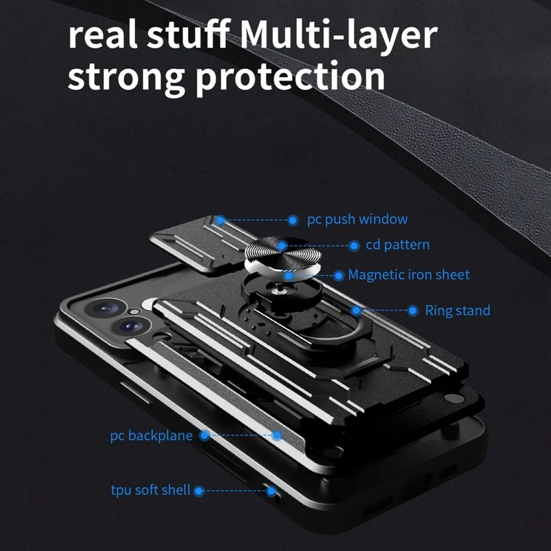 Bulk Purchasing For iPhone 16 Case PC + TPU Kickstand Phone Back Cover with Camera Slider - Black