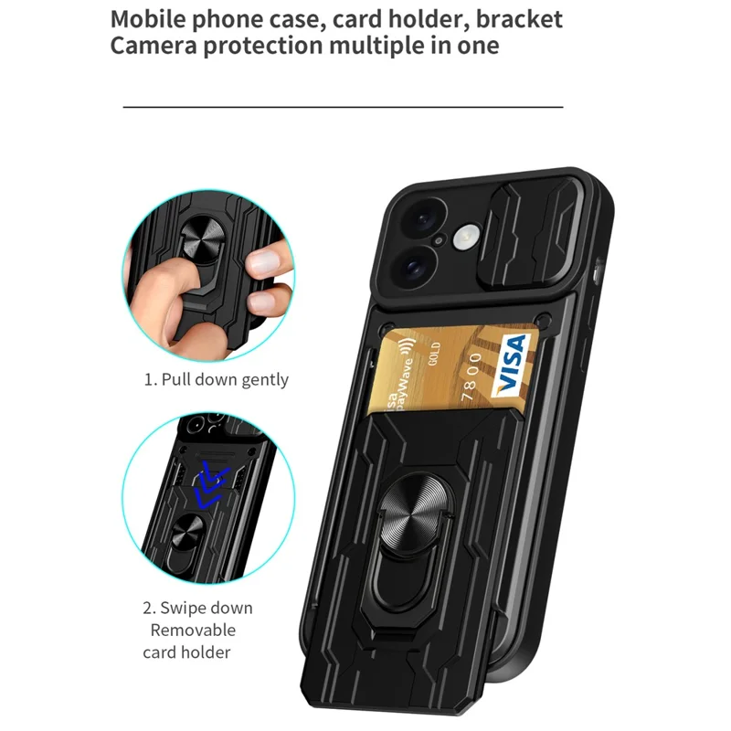 Bulk Purchasing For iPhone 16 Plus Case PC + TPU Kickstand Phone Back Cover with Camera Slider - Black