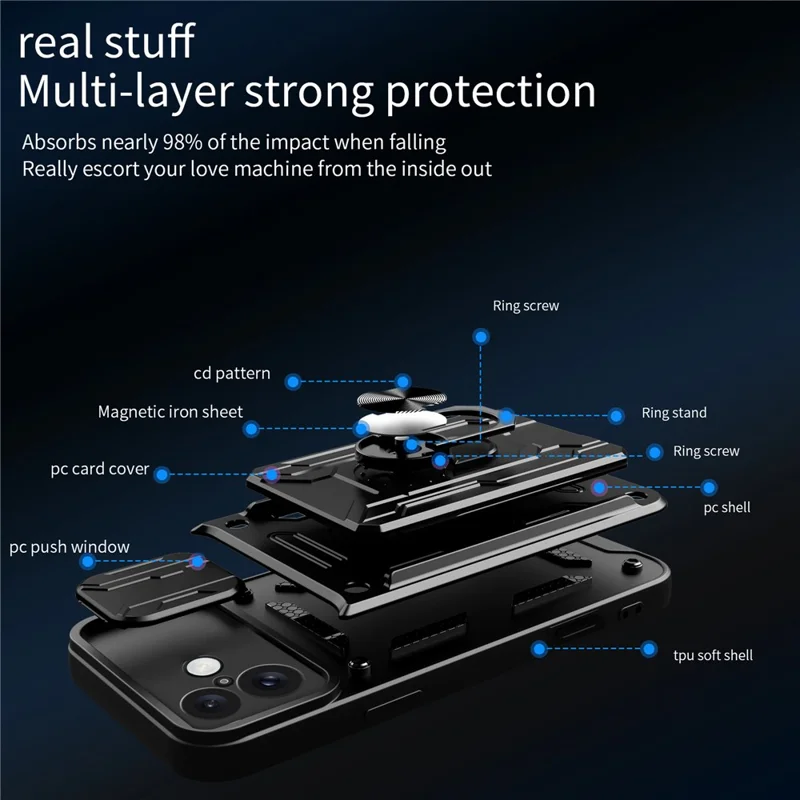 Bulk Purchasing For iPhone 16 Plus Case PC + TPU Kickstand Phone Back Cover with Camera Slider - Black